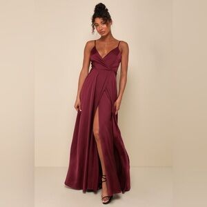 Lulus Burgundy Satin Maxi Dress Ode to Love Split Adjustable Straps Medium